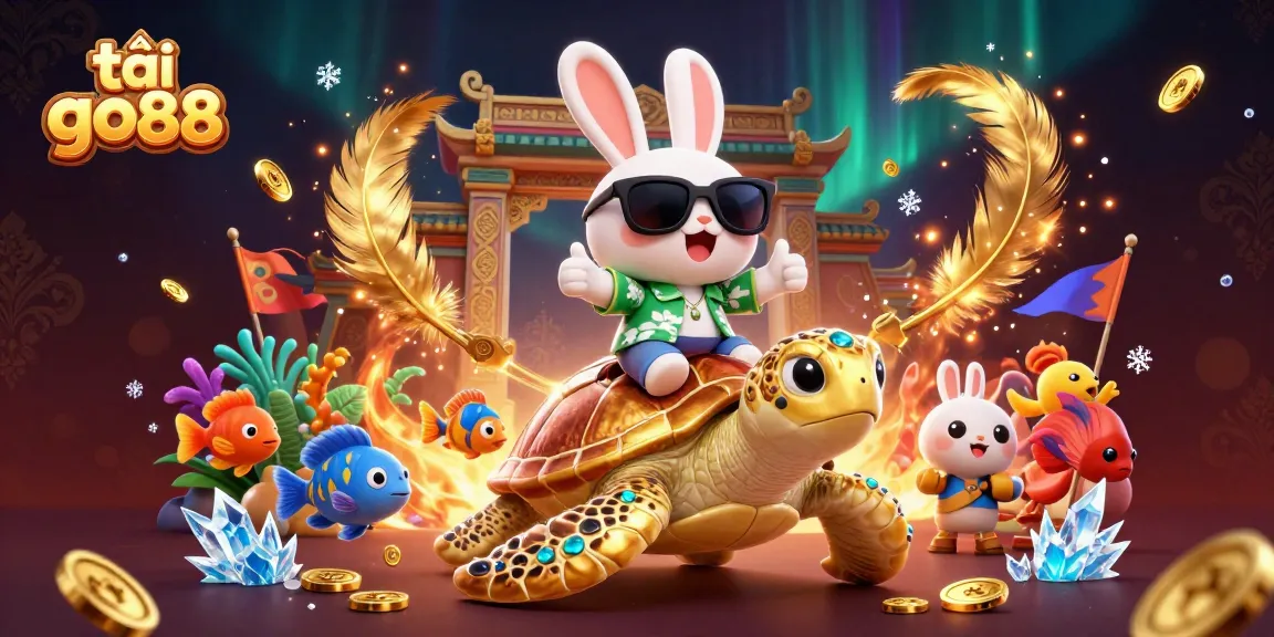 Experience the excitement of tải go88 with a lucky rabbit and golden sea turtle in a vibrant casino scene.