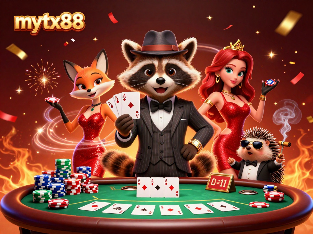 Engage with mytx88 while enjoying a vibrant casino scene featuring a raccoon and fox.