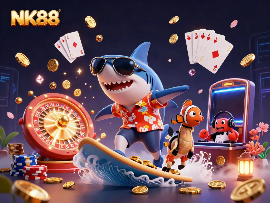 Experience excitement at NK88 casino with animated characters surrounding rich gaming elements.