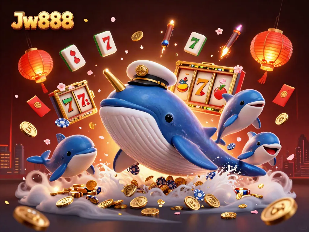 Jw888 showcases thrilling slot gameplay with a colorful gambling scene featuring whales and poker chips.