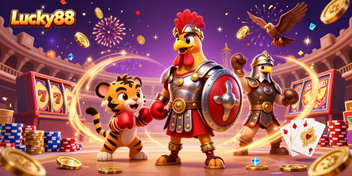Experience the thrilling Lucky88 game with a vibrant 3D illustration of a rooster and sparring partner amidst an extravaganza of coins and cards.