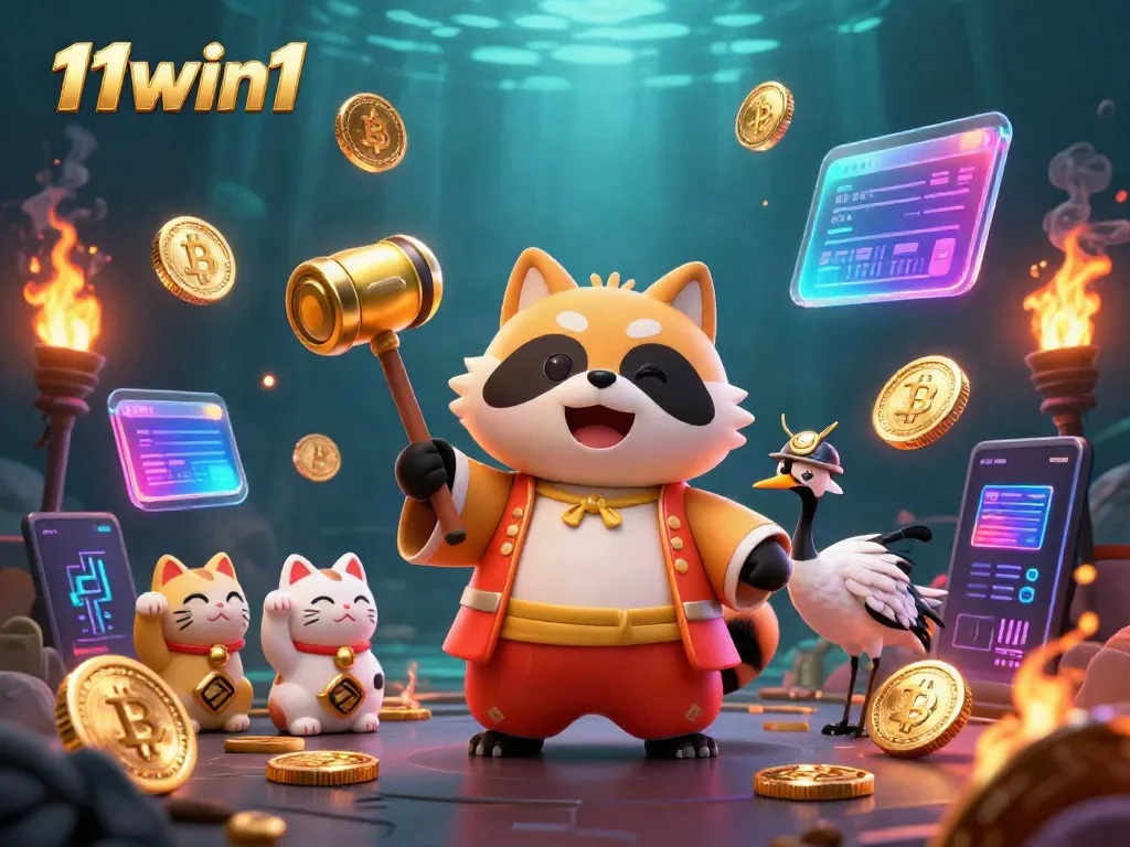Experience the vibrant world of 11win1 with a cheerful tanuki and samurai crane in a casino themed illustration.