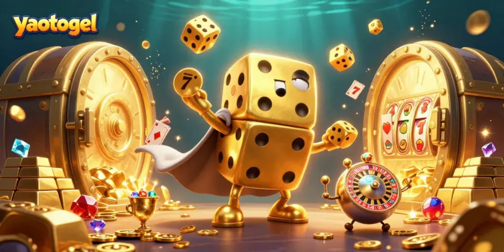 Experience excitement with yaotogel's golden dice golem in a vibrant casino scene.