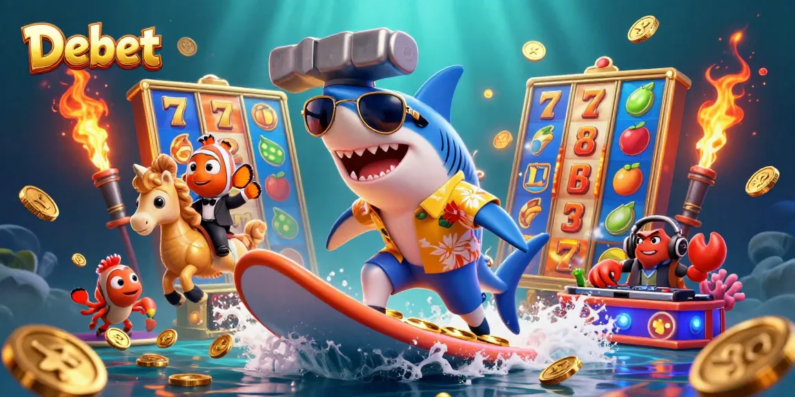 Debet showcases a shark surfing on gold coins with lively slot machine elements for an exciting casino theme.