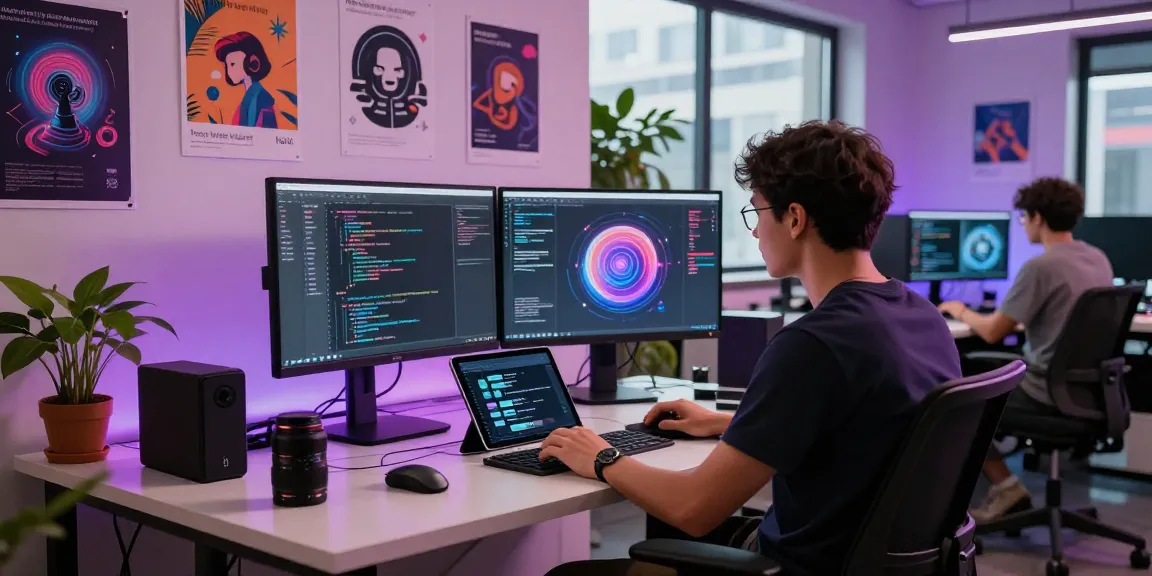 Creative tech workspace showcasing 'hot ai' integration with modern devices and a developer engaged in coding.
