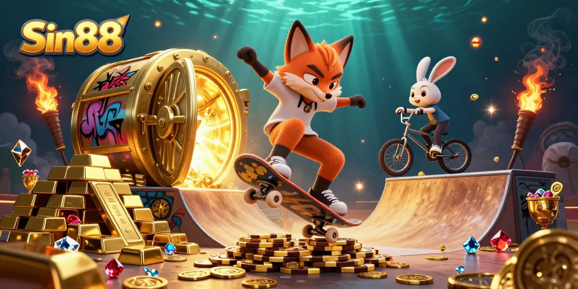 Experience the thrilling action of Sin88 with a skateboarder fox and BMX rabbit amidst casino treasures.