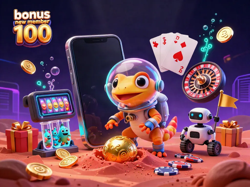 Engage with the exciting bonus new member 100 promotion featuring dynamic casino elements and a 3D cartoon Martian gecko exploring