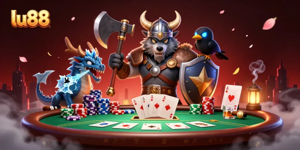 Experience the excitement at lu88 with Viking warriors and poker elements in this dynamic casino illustration.