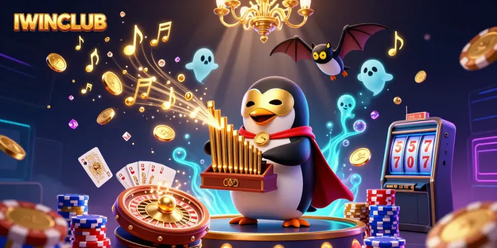 Experience the excitement of IWINCLUB with a 3D casino scene featuring a phantom penguin and vibrant game elements.