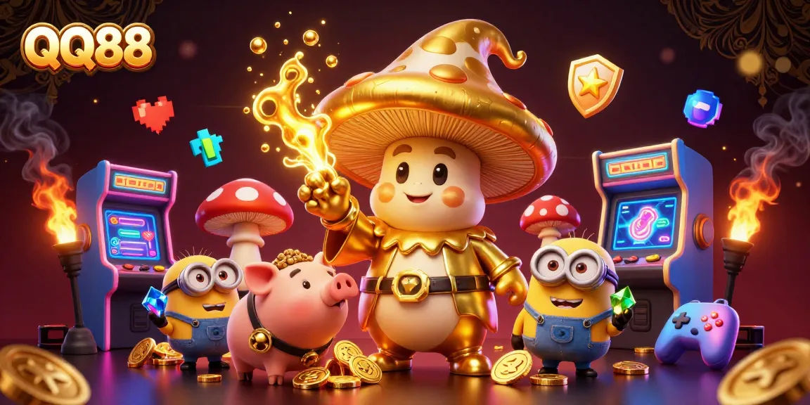 QQ88 wizards casting golden spells while gaming elements create a magical casino atmosphere.