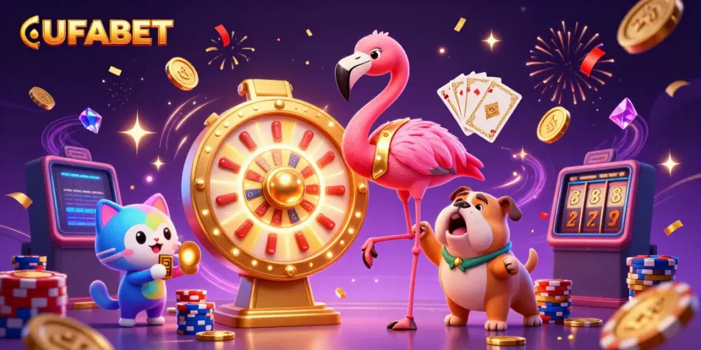 Experience the thrill of UFABET with a vibrant scene of game show excitement and shimmering casino elements.