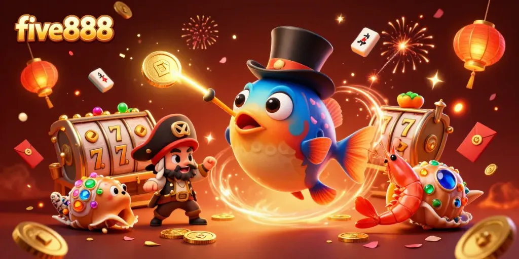 Celebrate wins with five888's vibrant casino illustration featuring glowing treasures and energetic characters.