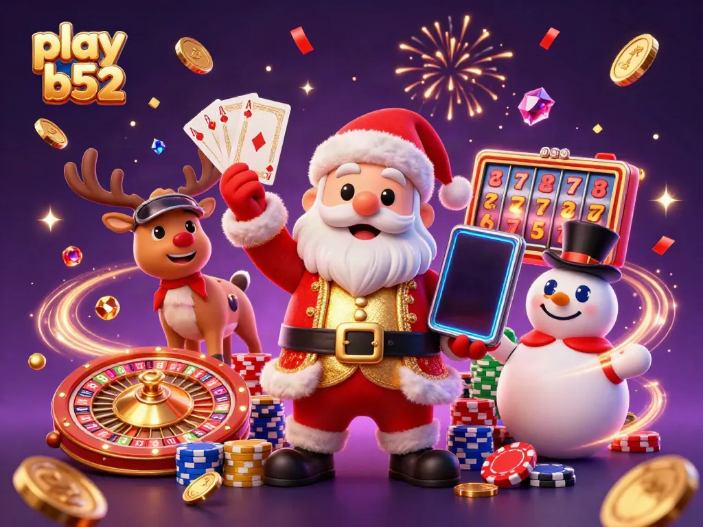 Engage with the exciting scene of Santa Claus enjoying play b52 in a vibrant casino atmosphere filled with games and prizes.