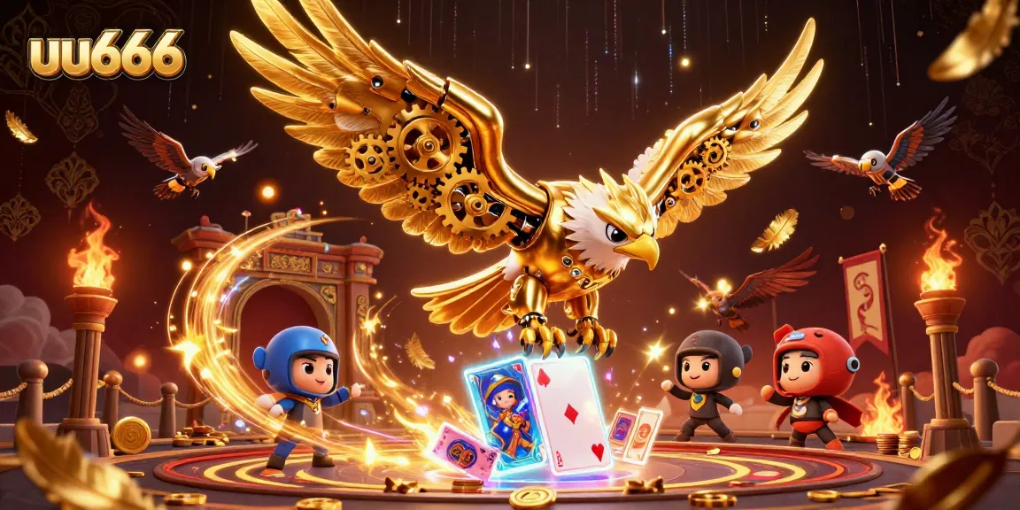 uu666 features a golden eagle diving through holographic cards, surrounded by fluttering coins and vibrant casino elements.