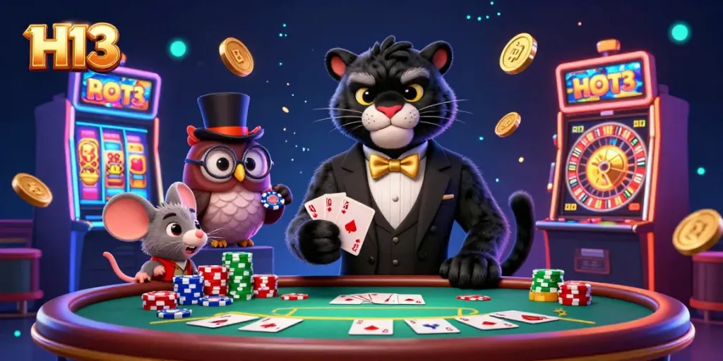 Engage with H13’s exciting gambling experience featuring a stylish panther dealer, owl, and mouse amidst captivating casino elements.