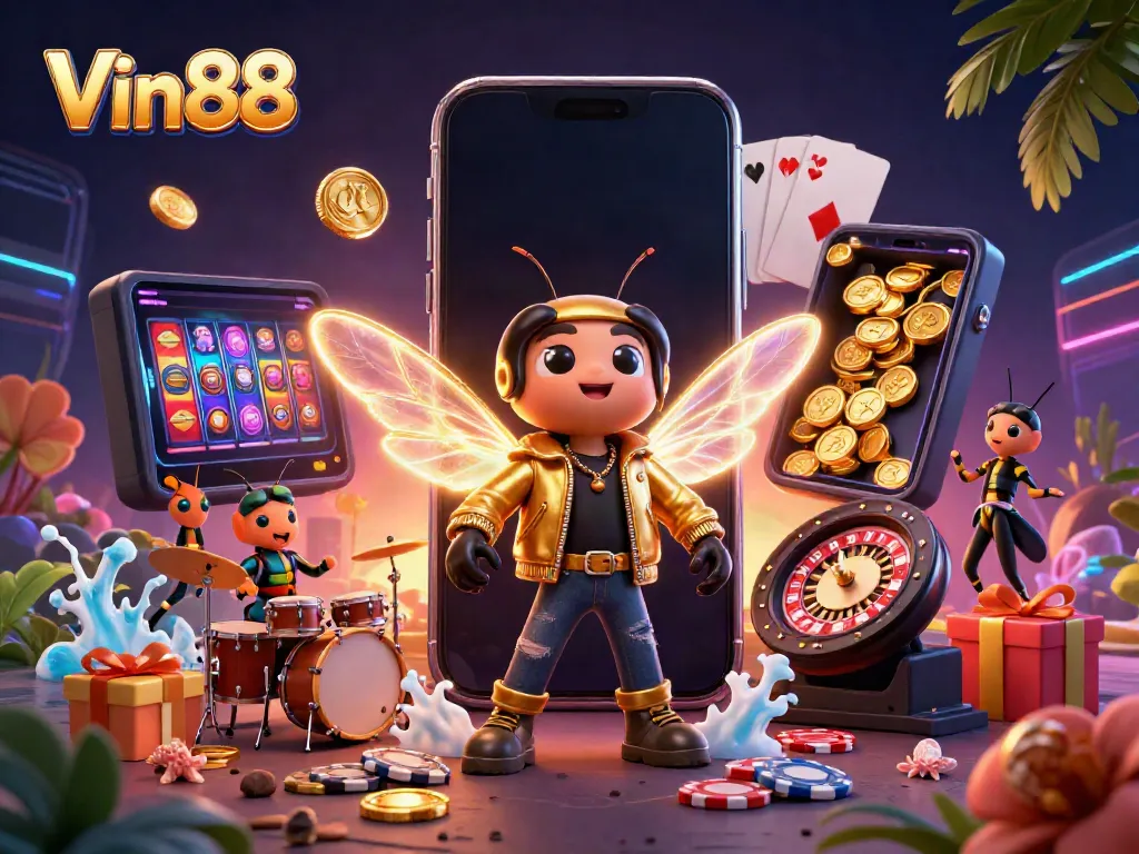 Engage with dynamic gaming at Vin88, featuring a vibrant rock star and casino elements.