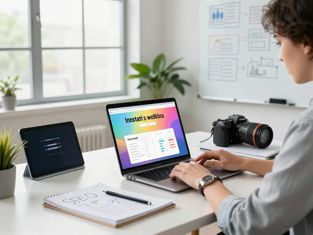 Digital marketing workspace optimizing for instant indexing with analytics on the screen.