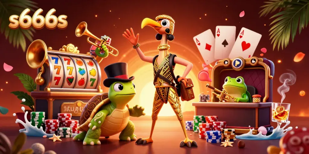 Experience the thrill of s666s with lively characters and vibrant casino elements in this detailed illustration.