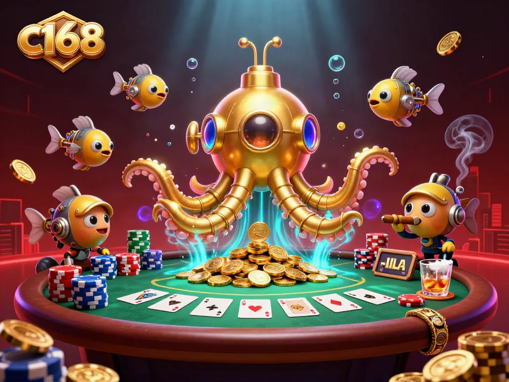 Experience the excitement of c168 with a vibrant scene of a kraken submarine amidst poker action.
