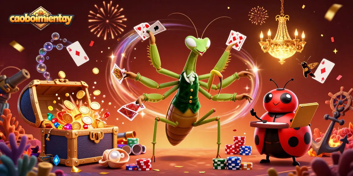 Experience thrilling gameplay in caoboimientay with a giant praying mantis card sharp and ladybug pit boss amidst vibrant casino elements.