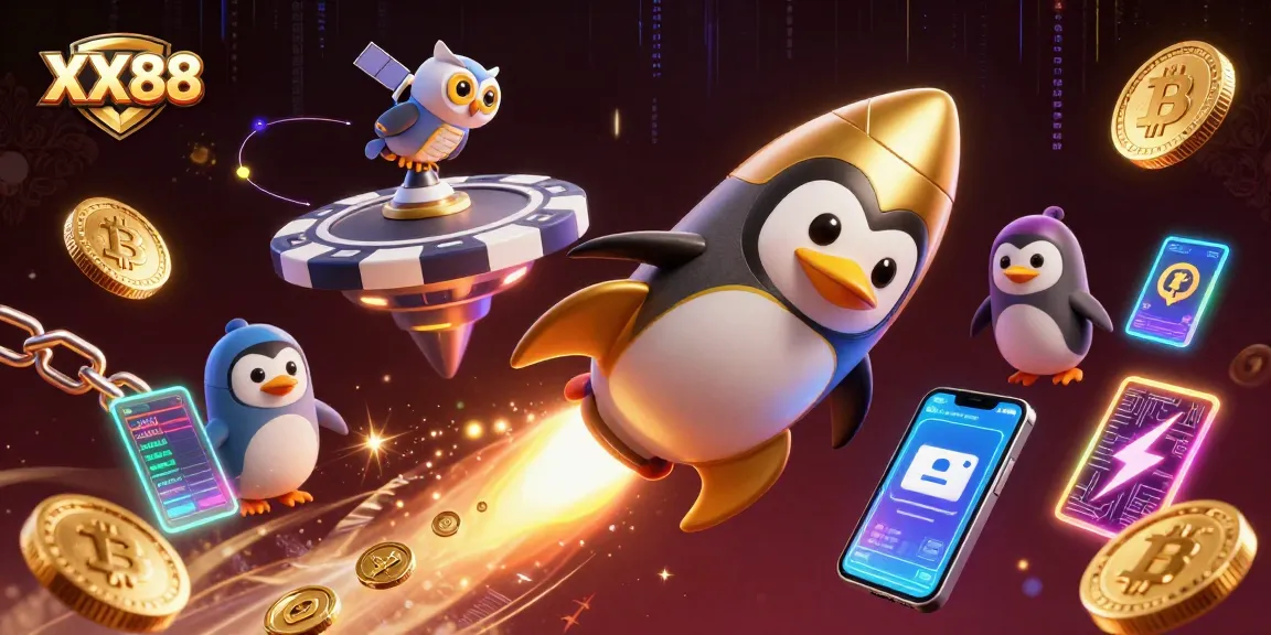 Experience the thrilling adventure of XX88 with a dynamic cartoon scene depicting a golden penguin and crypto elements.
