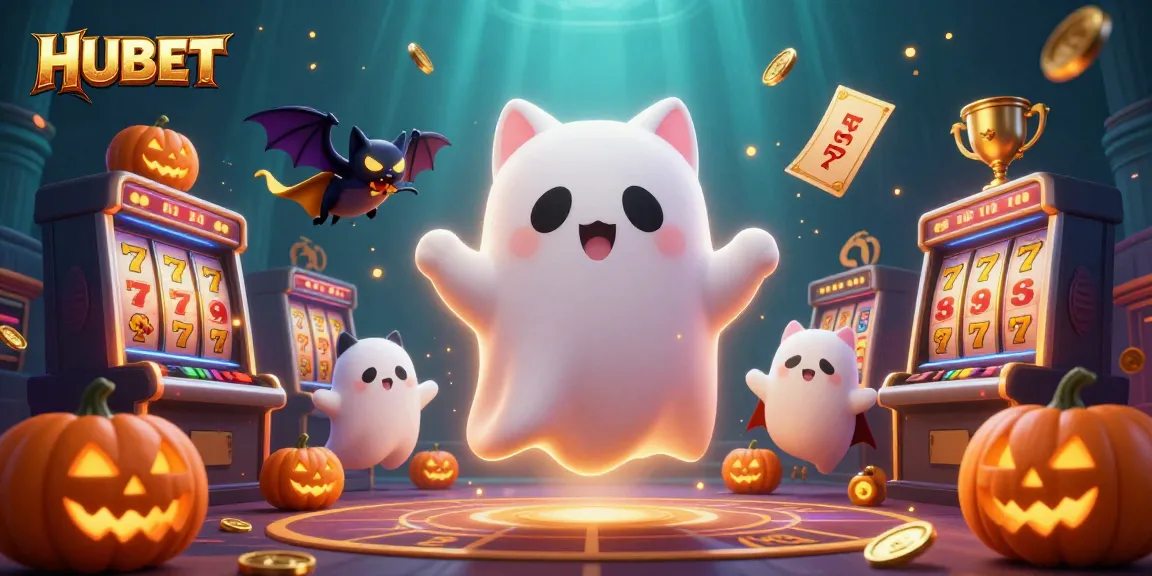 HUBET offers fun and vibrant gambling experiences with a ghost cat and bat amidst winning slot machines.