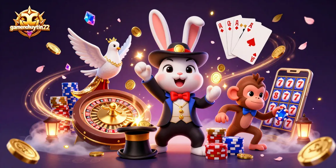 Experience the thrilling action of gamenohuuytin22 with a 3D illustration of vibrant casino elements and characters.