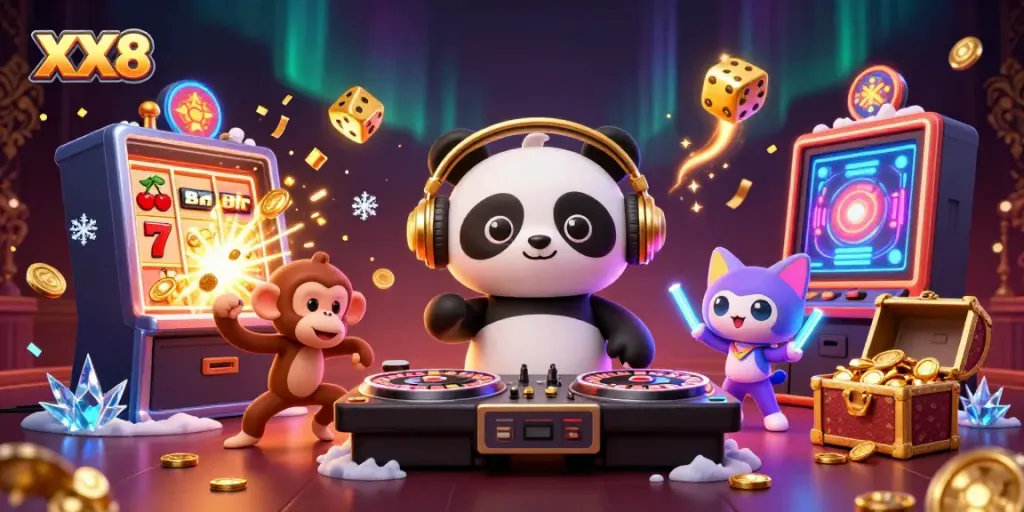 Experience the excitement of XX8 with a vibrant 3D casino scene featuring playful characters and dynamic gaming elements.