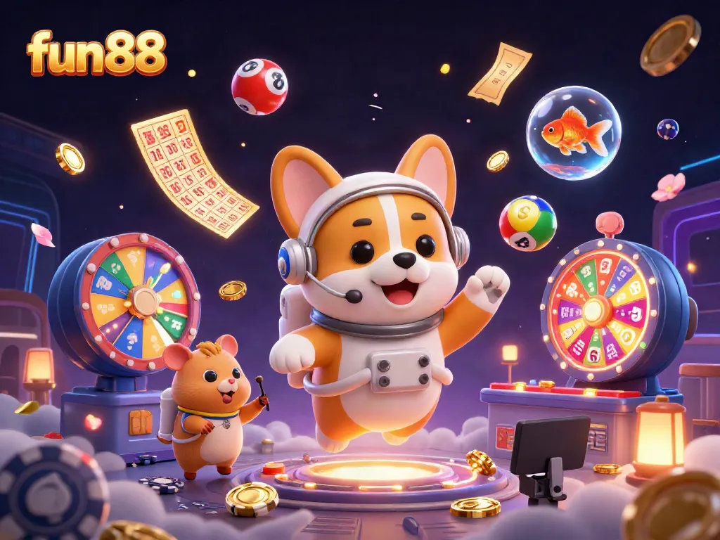 Experience fun 88's thrilling casino atmosphere with a floating astronaut corgi surrounded by exciting game elements.