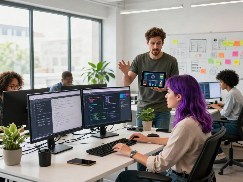 Collaboration in a modern office focusing on nsfw ai software with diverse professionals discussing creative strategies.