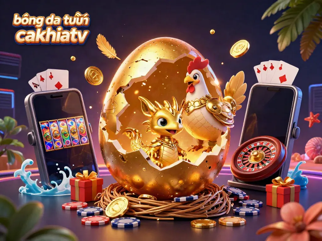 Bóng đá trực tuyến cakhiatv showcases a 3D illustration of a golden dragon and poker chips, representing sports betting excitement.