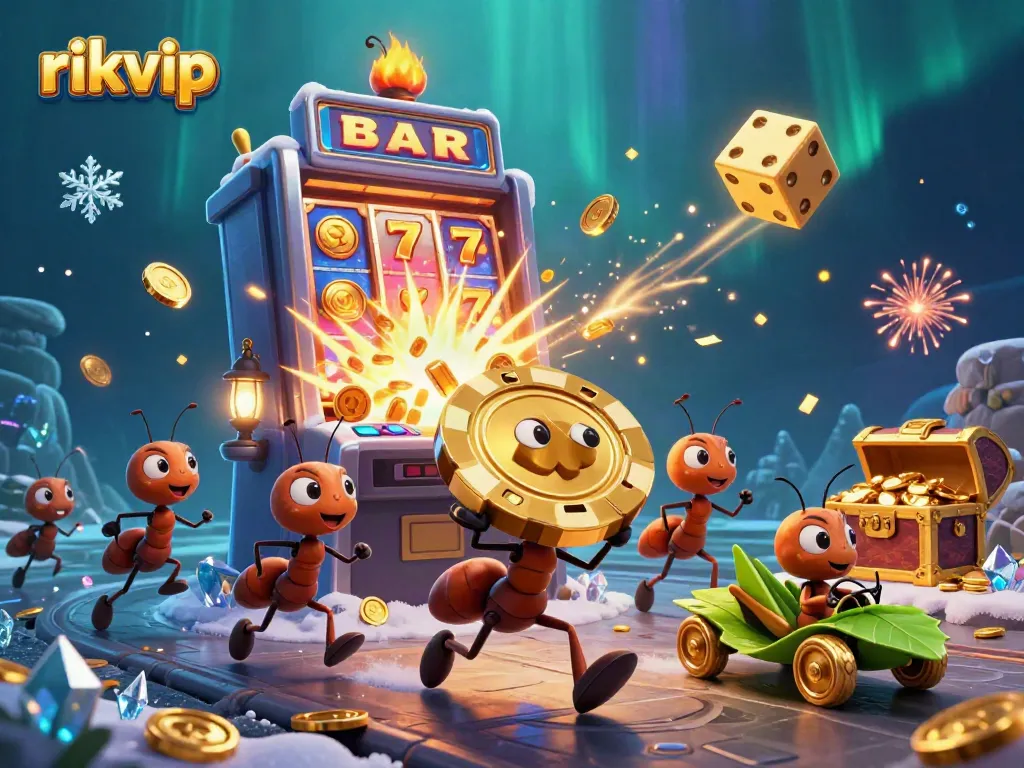 Experience the thrilling world of rikvip with a whimsical 3D heist scene involving an ant gang and casino elements.