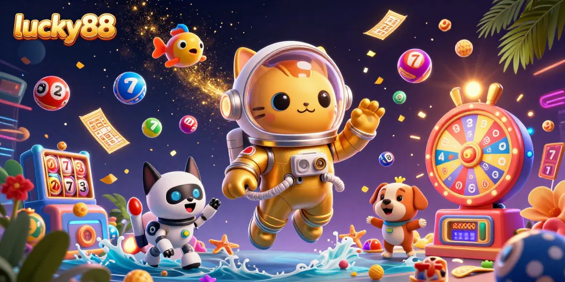 Experience the thrill of lucky88 with dynamic slot elements and vibrant games in this captivating illustration.