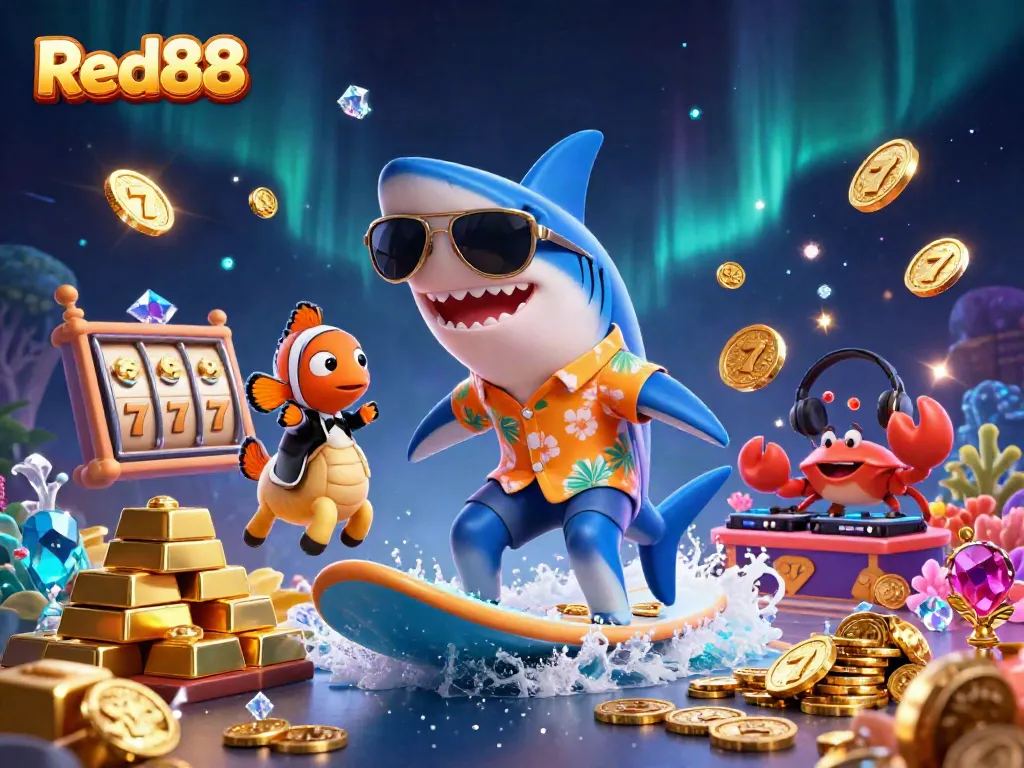 Experience the excitement of Red88 with a vibrant 3D illustration of colorful casino elements and characters.