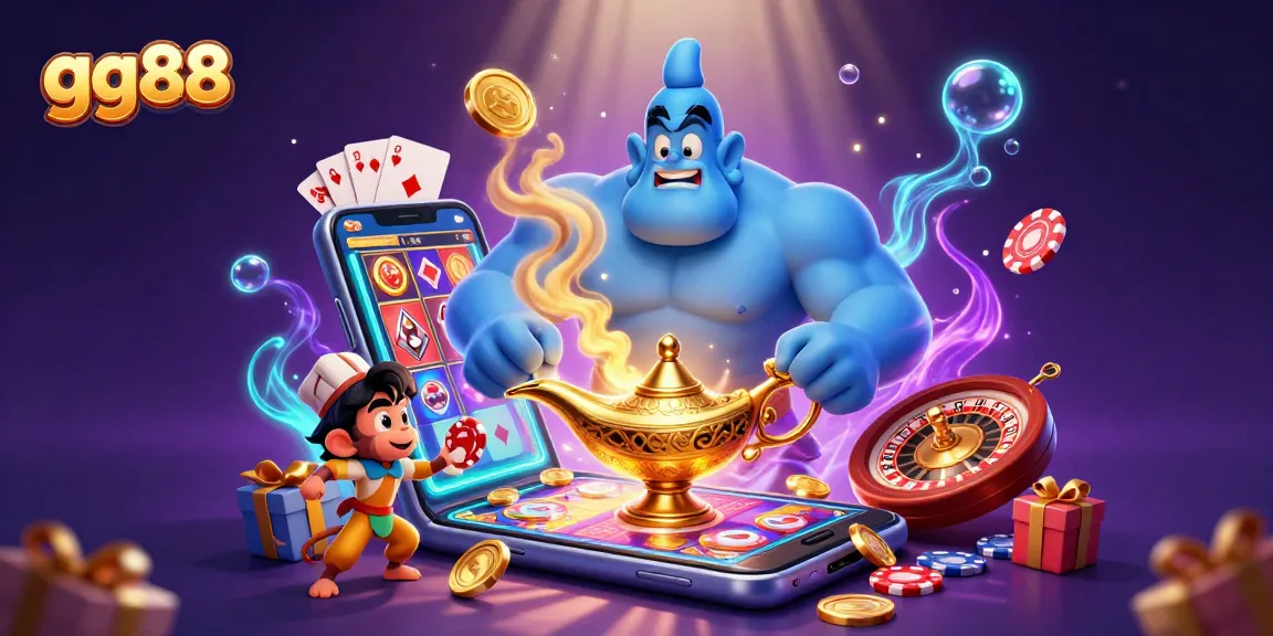 Experience the thrilling magic of gg88 with a captivating casino illustration featuring a genie and poker chips.