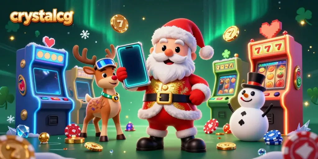 Experience the excitement of crystalcg casinos with Santa and friends in a vibrant jackpot scene.