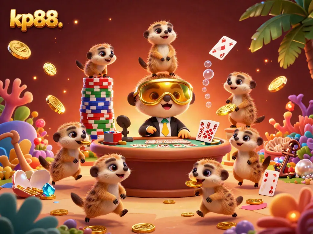 Experience the excitement of kp88 casino with meerkats managing games and treasures in this vibrant 3D illustration.