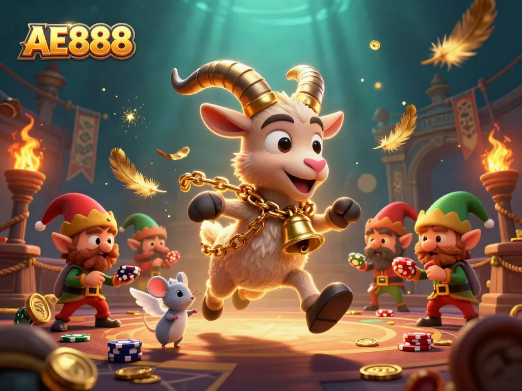 Engage with AE888 in a lively casino scene featuring festive characters and gambling excitement.