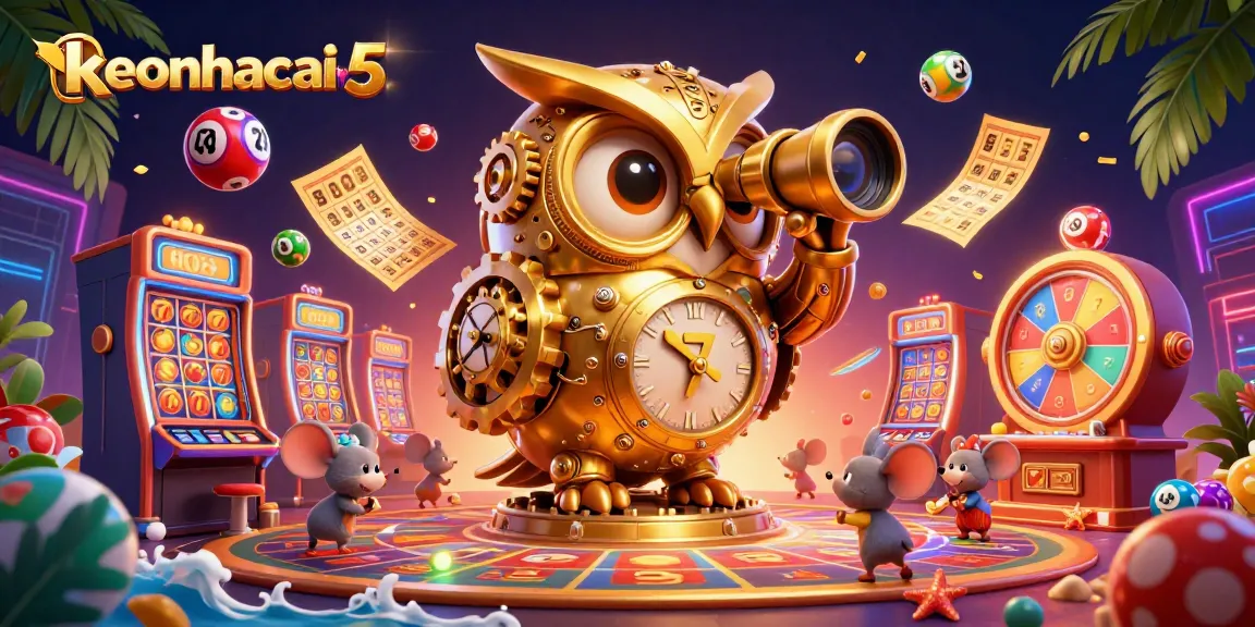 Engage with keonhacai5 in a vibrant casino scene featuring a clockwork owl, slots, and lottery elements.