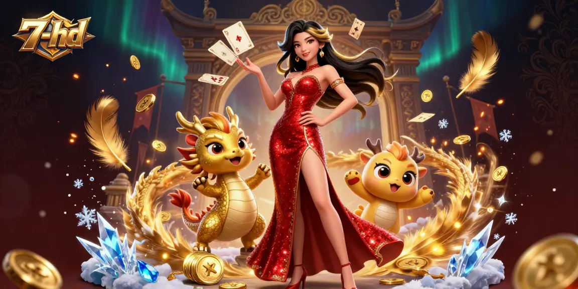 Experience thrilling casino action at 7-hd with a stunning illustration of a glamorous Asian woman and a golden dragon.