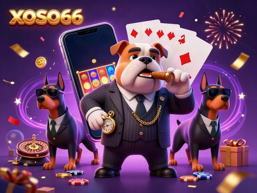 Engaging scene showcasing xoso66 with a mafia bulldog surrounded by casino gaming elements and energetic visuals.