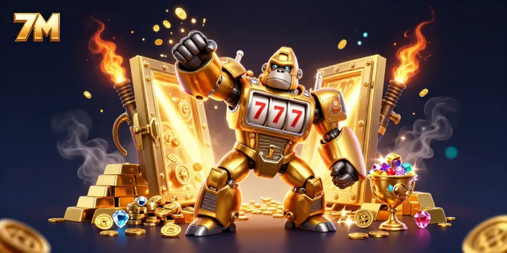 Experience the excitement of 7M as a golden gorilla mech plays slots with dynamic casino elements.