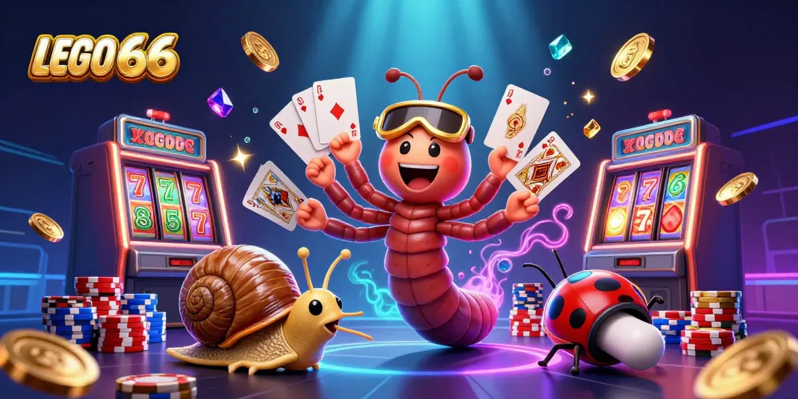 Lego66 slot machine thrills depicted with a millipede dealer and high-roller characters amidst a kaleidoscope of golden coins.