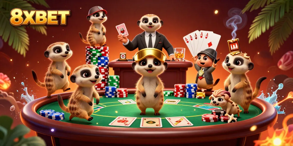 Engage with 8XBET's vibrant casino experience showcasing meerkats in a dynamic gambling scene.