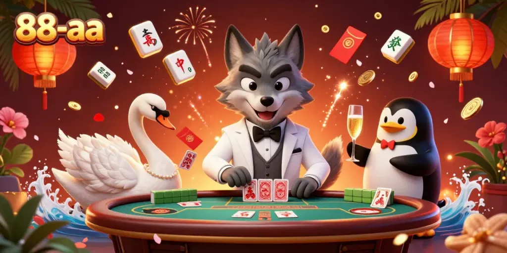 Experience thrilling baccarat at 88-aa with a stylish wolf, elegant swan, and sophisticated penguin
