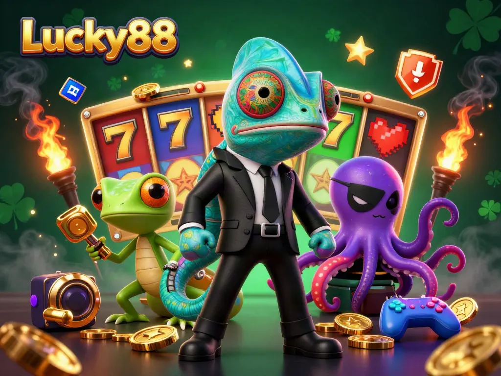 Spin the Lucky88 slots with vibrant chameleon, high-tech gecko, and cunning octopus.
