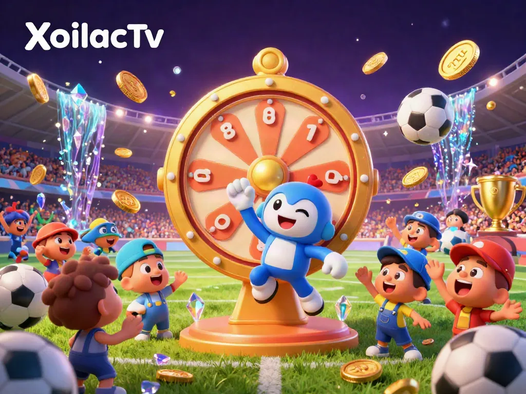 Experience the excitement of XoilacTv with a dynamic scene featuring spinning prizes, cheering fans, and football action.