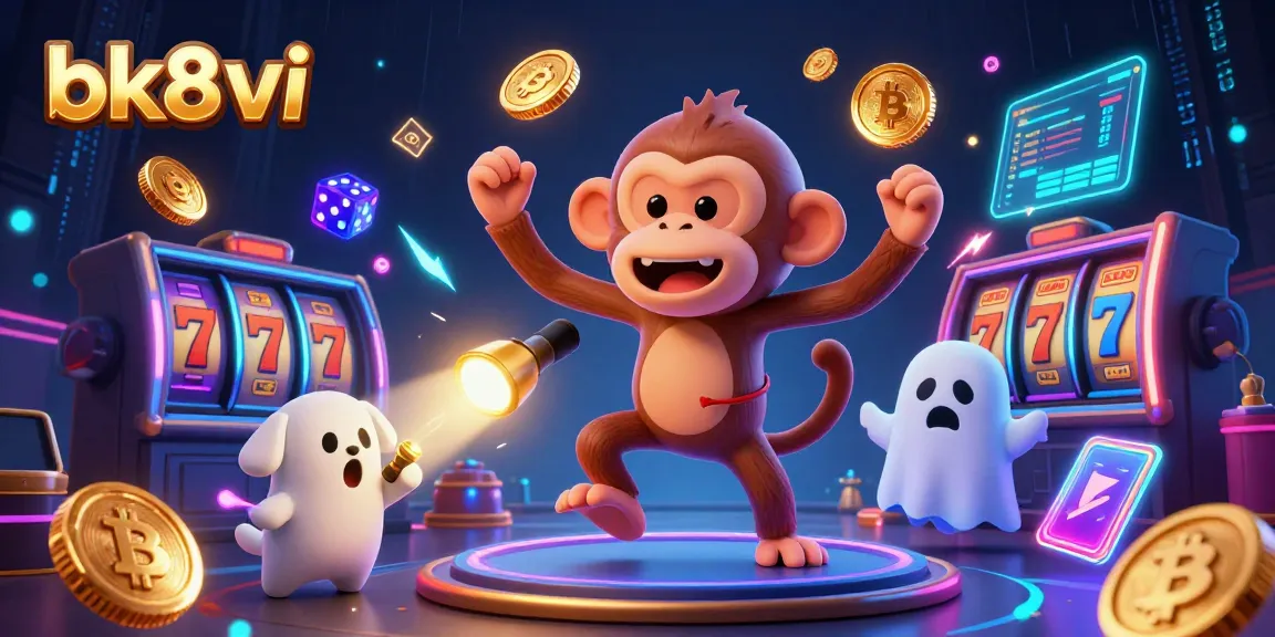 Experience the thrills of bk8vi with a mischievous ghost monkey juggling golden casino treasures.