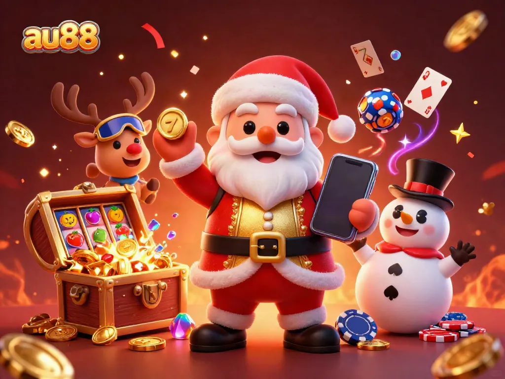 Engage players with au88's vibrant casino scene featuring Santa and friends celebrating jackpots.