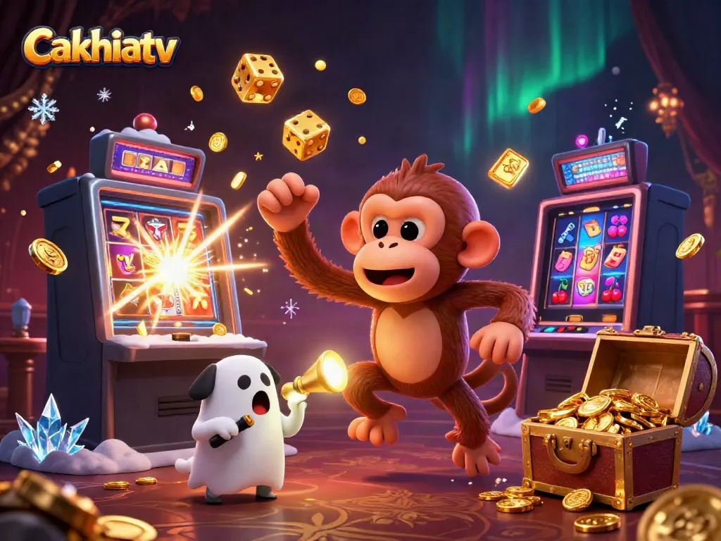 Experience exhilarating magic with Cakhiatv as a playful monkey juggles winnings at a haunted casino.